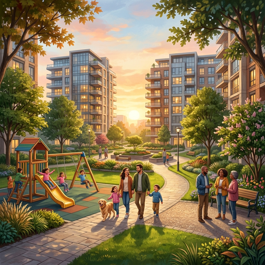 Happy future neighbors collaborating in front of apartment building complex